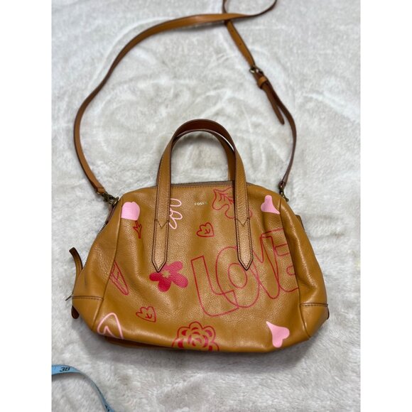 Fossil Sydney Love Tan Leather Satchel With Pink Heart Details & Adjustable Stra - Picture 7 of 7